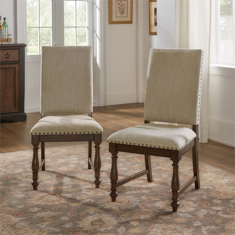 Pemberly Row Beige Upholstered Dining Side Chair with Nailhead Trim in Brown