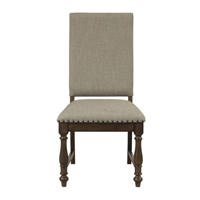 Pemberly Row Beige Upholstered Dining Side Chair with Nailhead Trim in Brown
