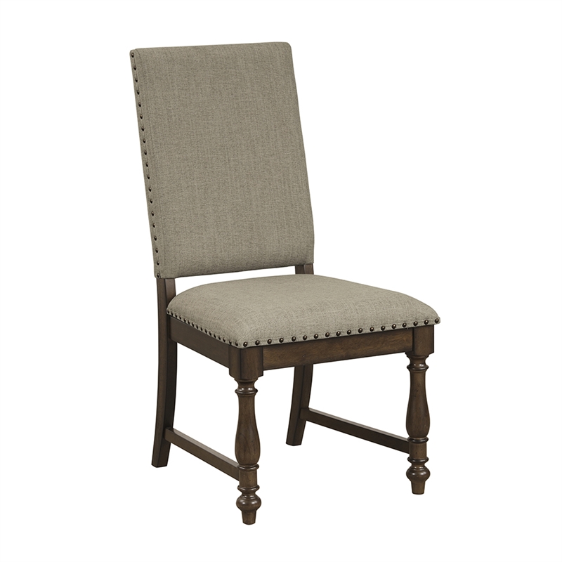 Pemberly Row Beige Upholstered Dining Side Chair with Nailhead Trim in Brown