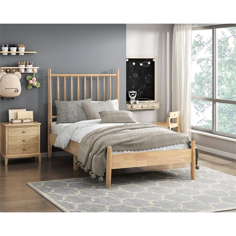 Pemberly Row Rubberwood Twin Platform Bed with Spindle Headboard in Natural