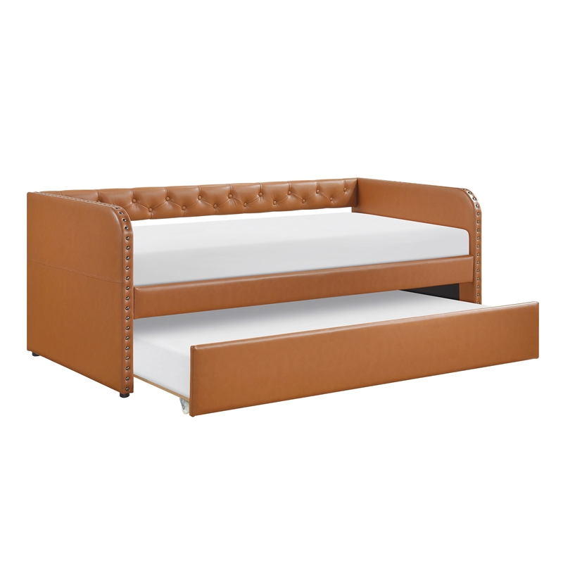 Pemberly Row Faux Leather Button-Tufted Daybed with Pull-Out Trundle in Brown