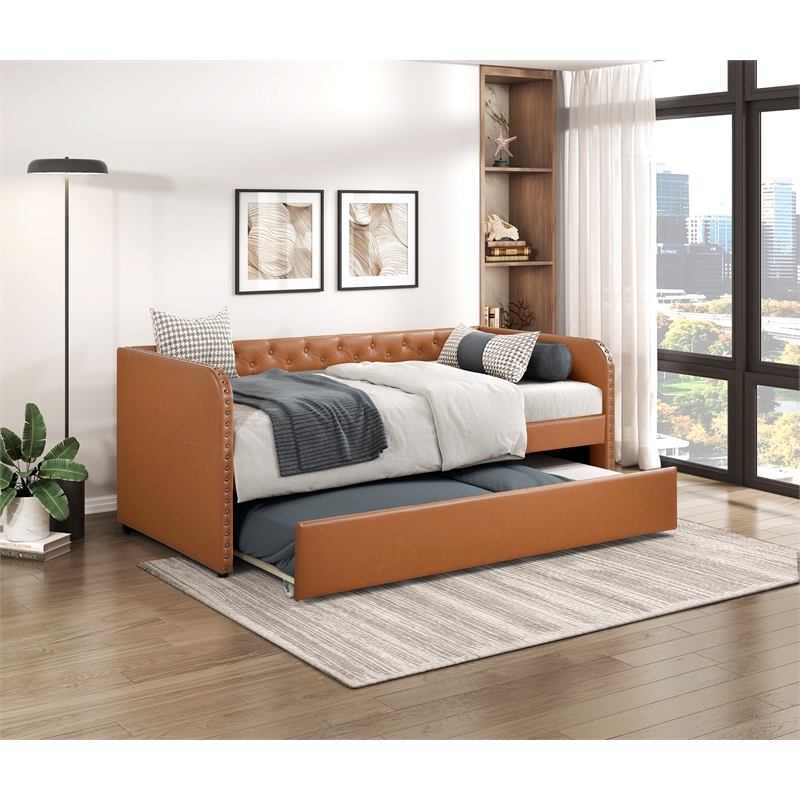 Pemberly Row Faux Leather Button-Tufted Daybed with Pull-Out Trundle in Brown