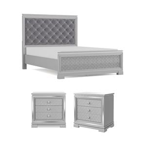 Pemberly Row Glam Silver Eastern King Bed and 2 Nightstands Set