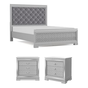 Pemberly Row Glam Silver Bedroom Set of Queen Bed and 2 Nightstands