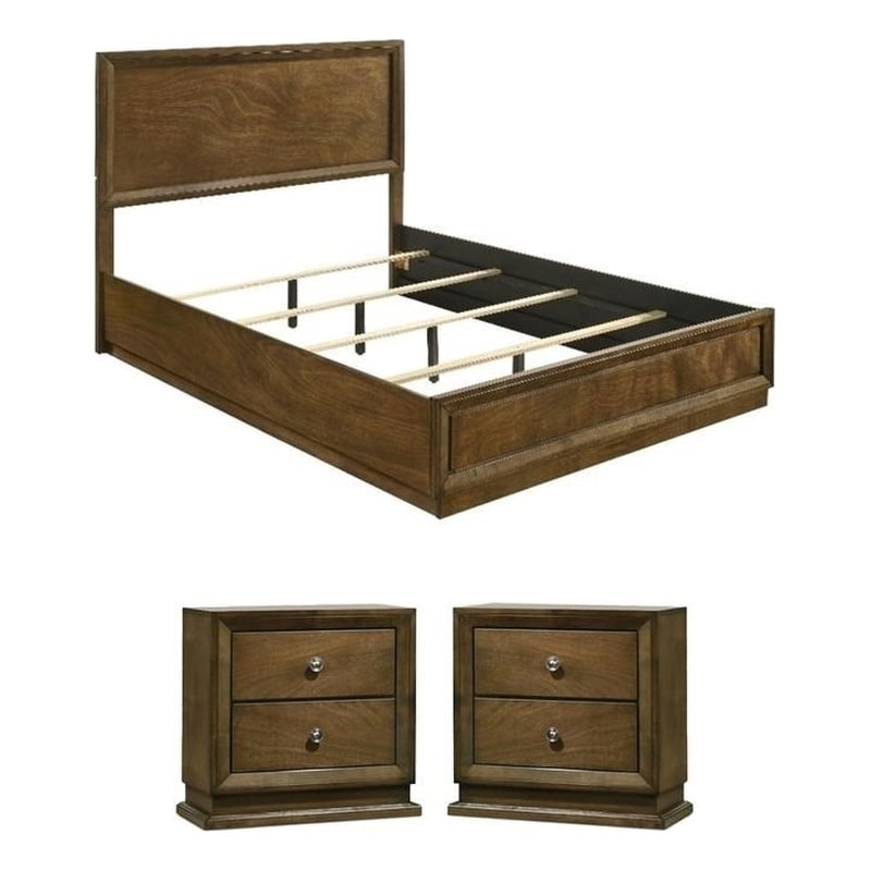 Pemberly Row Transitional Walnut 2 Nightstands and Twin Bed Set