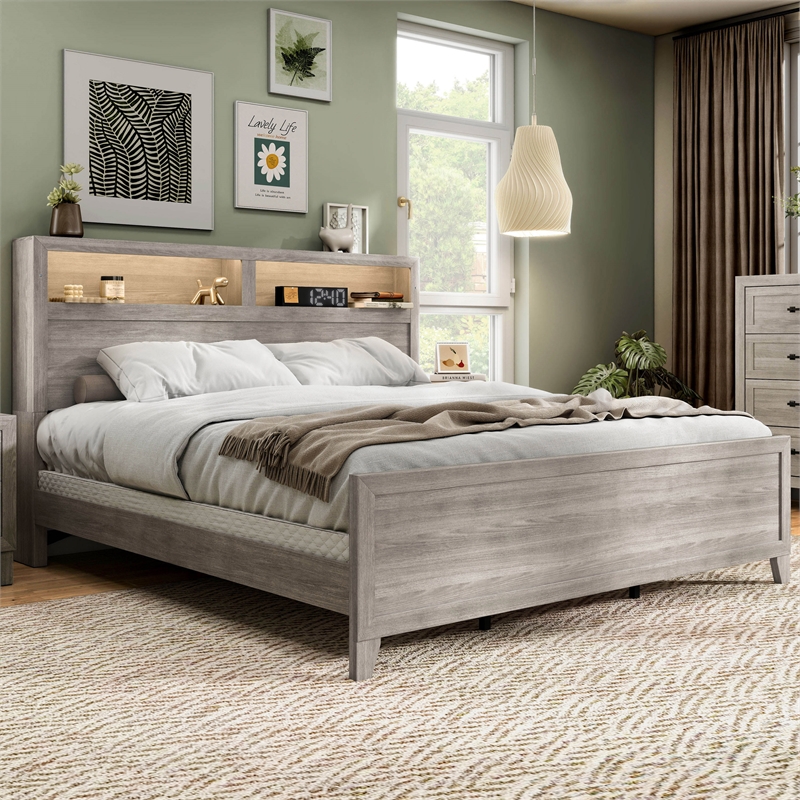 Pemberly Row Washed White Bedroom Set of Queen Bed & 2 Nightstands