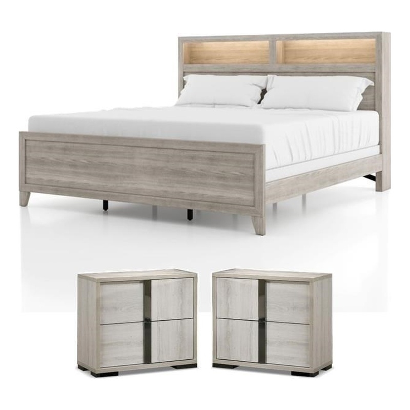 Pemberly Row Washed White Bedroom Set of Queen Bed & 2 Nightstands