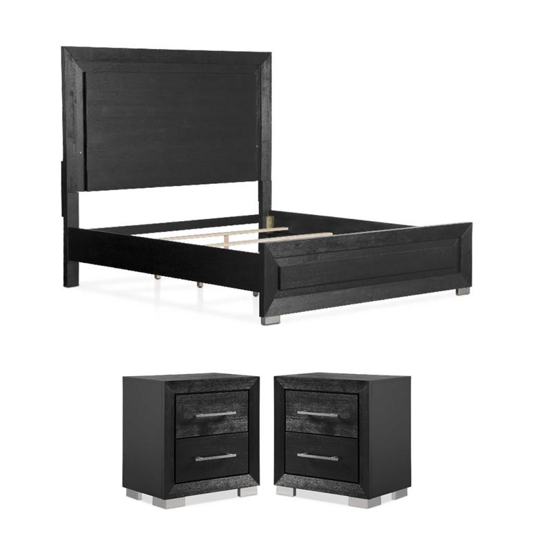 Pemberly Row King Bed and 2 Nightstands Set in Black