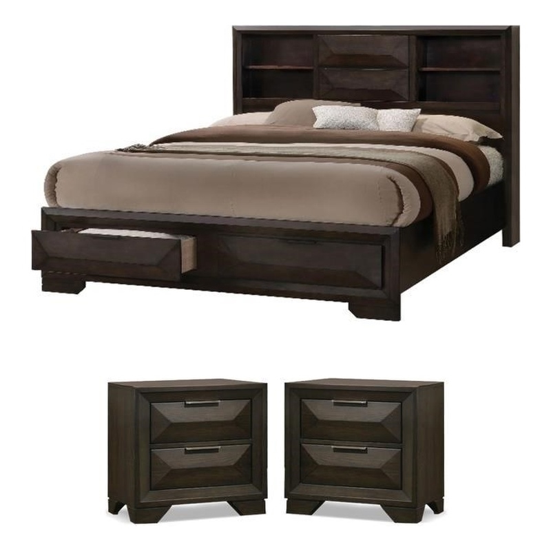 Pemberly Row Queen Bed and 2 Nightstands Set in Espresso Finish