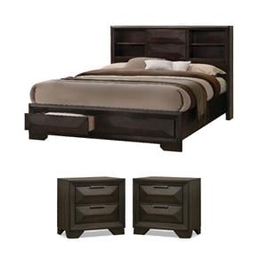 Pemberly Row King Bed with Bookcase Headboard & 2 Nightstands Set
