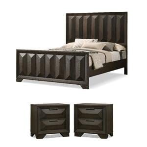 Pemberly Row Bedroom Set of Solid Wood King Bed & 2 Nightstands in Espresso