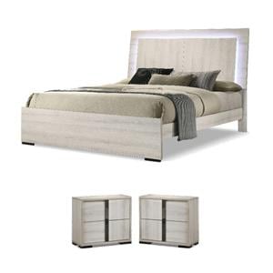 Pemberly Row Washed White Eastern King Bed and 2 Nightstands Set