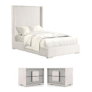 Pemberly Row Bedroom Set of 2 Nightstands and Twin Bed in Washed White