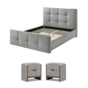 Pemberly Row Bedroom Set of 2 Nightstands and Tufted Fabric King Bed