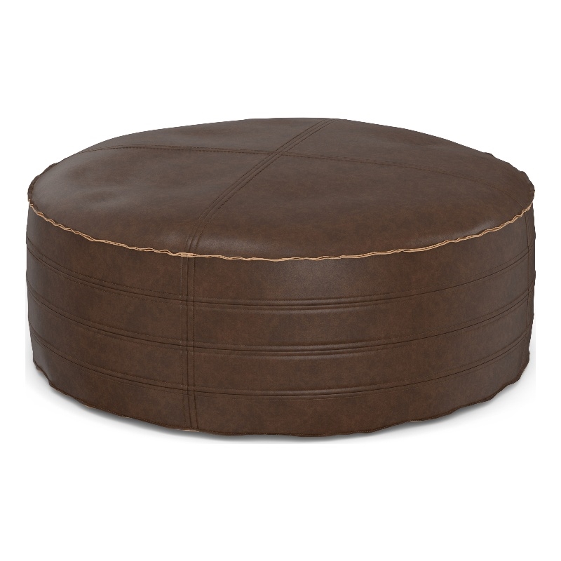 Pemberly Row Brody Round Pouf in Distressed Dark Brown Faux Leather