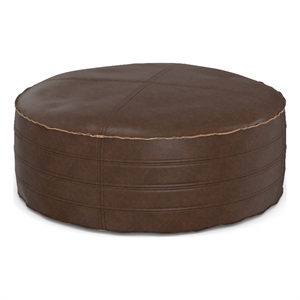 Pemberly Row Brody Round Pouf in Distressed Dark Brown Faux Leather