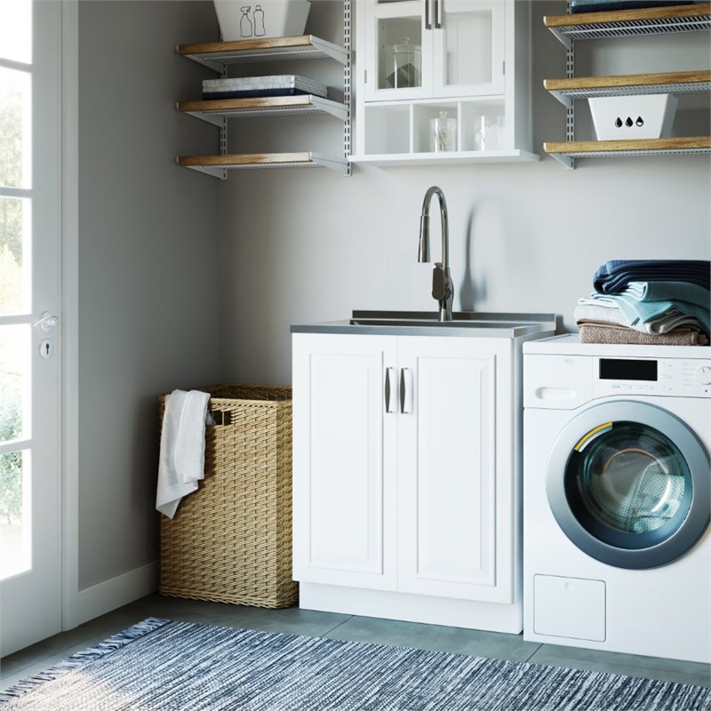 Pemberly Row Deluxe Laundry Cabinet with Stainless Steel Sink in White