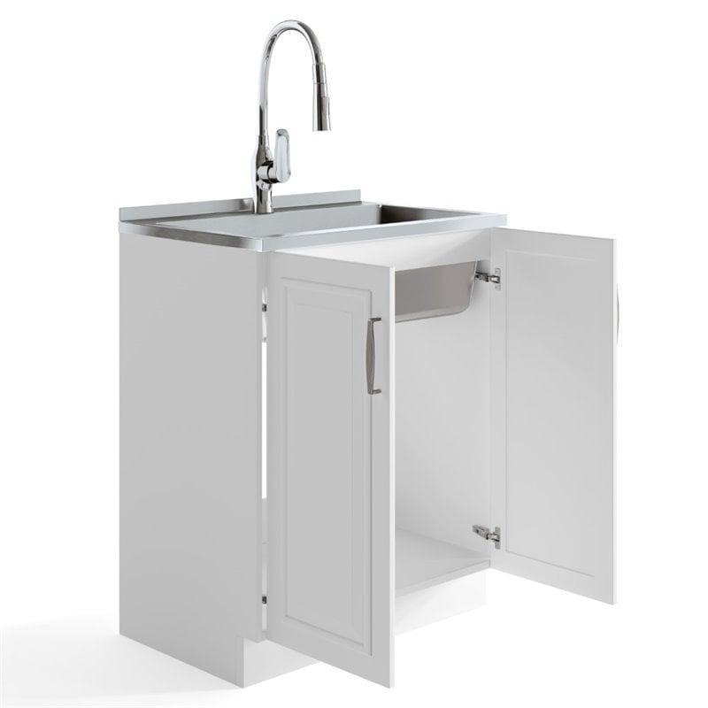 Pemberly Row Deluxe Laundry Cabinet with Stainless Steel Sink in White