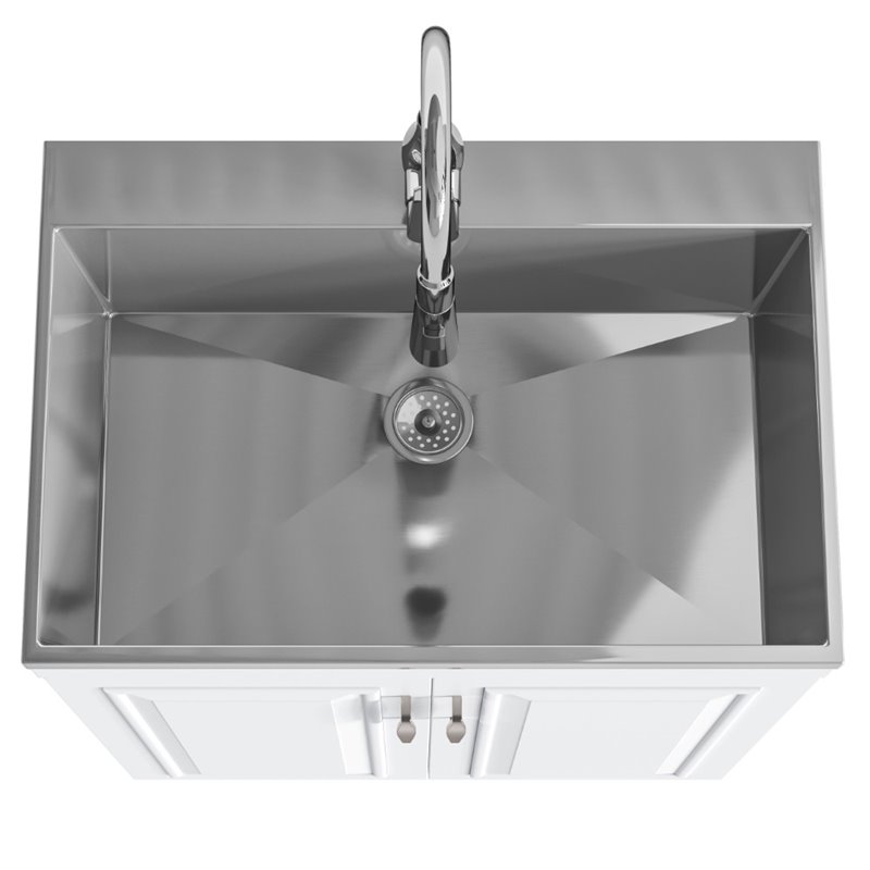 Pemberly Row Deluxe Laundry Cabinet with Stainless Steel Sink in White