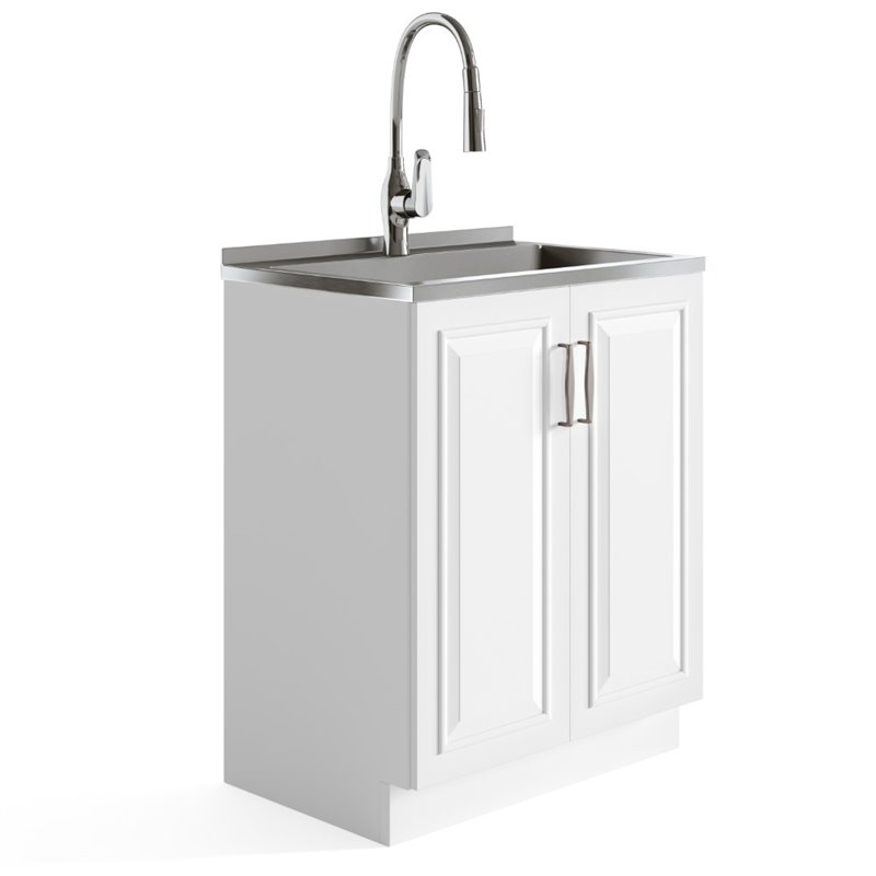 Pemberly Row Deluxe Laundry Cabinet with Stainless Steel Sink in White