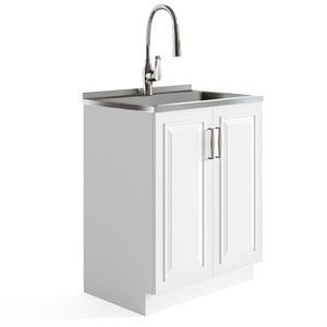 Pemberly Row Deluxe Laundry Cabinet with Stainless Steel Sink in White