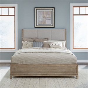 Pemberly Row Queen Upholstered Bed with Textured Taupe Panels in Brown
