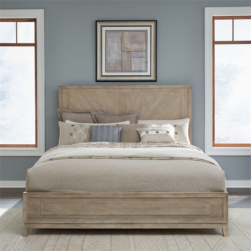 Pemberly Row King Upholstered Bed with Textured Taupe Panels in Brown