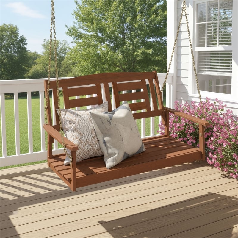 Pemberly Row 2-Seater Hanging Wooden Swing with Chain in Light Wood