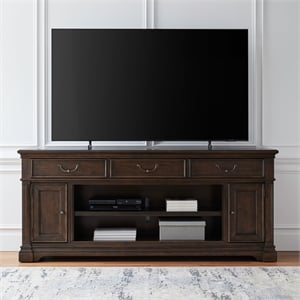 Pemberly Row 84 Inch Fireplace TV Console with Bead Molding in Brown