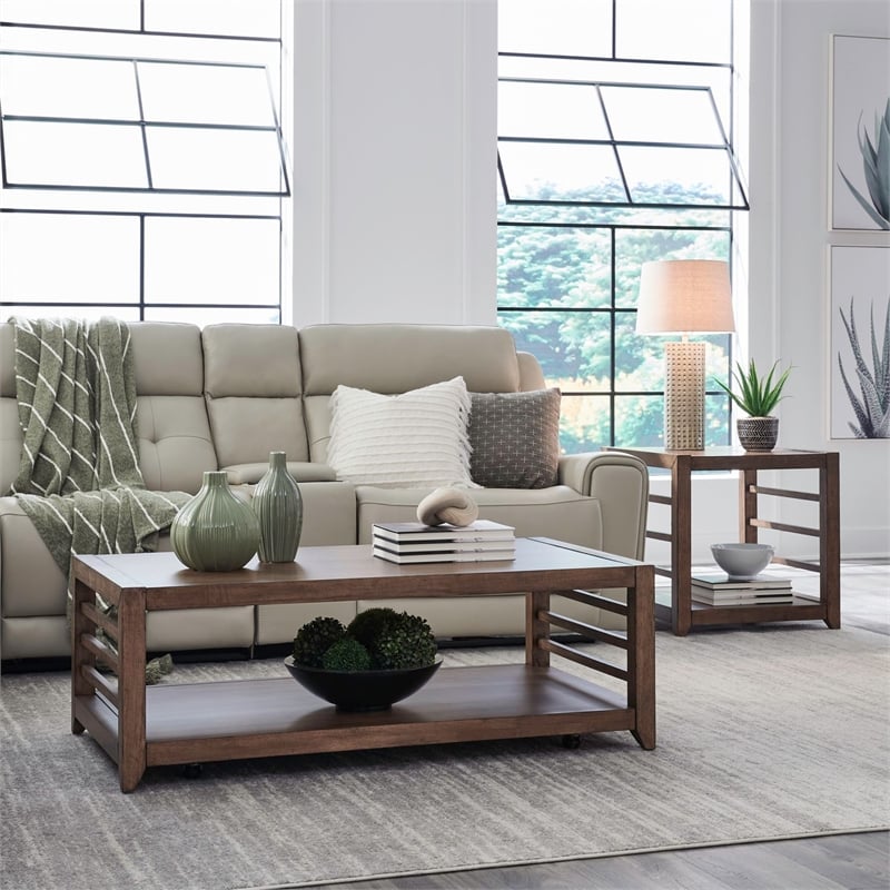Pemberly Row 3 Piece Cocktail and End Table Set with Open Slats in Brown