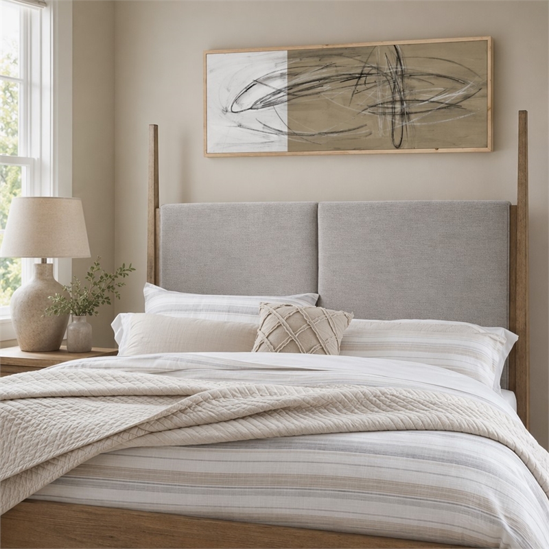 Pemberly Row Queen Upholstered Poster Headboard with Tapered Posts in Brown