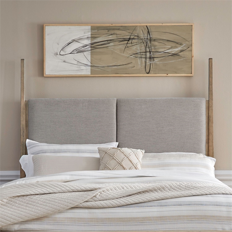 Pemberly Row Queen Upholstered Poster Headboard with Tapered Posts in Brown