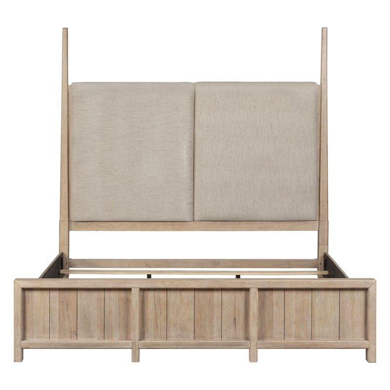 Pemberly Row King Poster Bed with Upholstered Headboard Panels in Brown