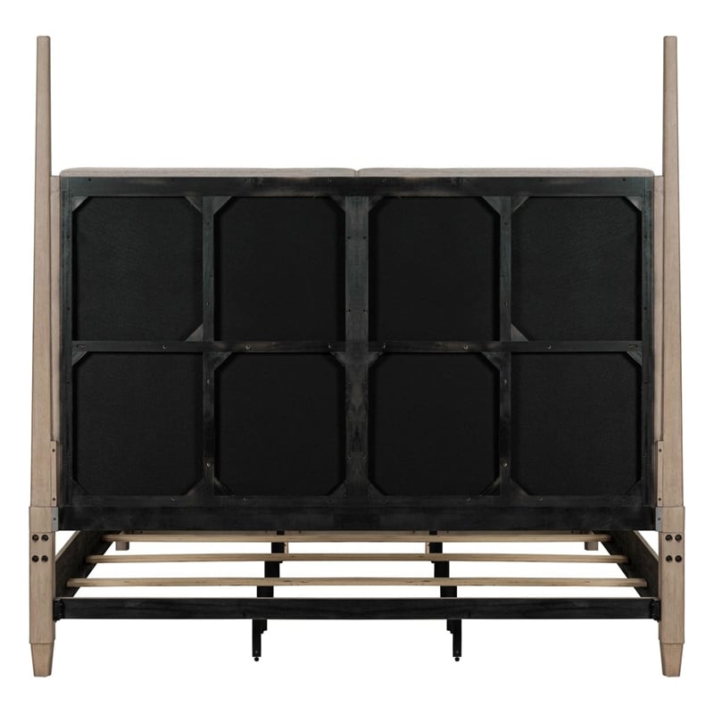 Pemberly Row King Poster Bed with Upholstered Headboard Panels in Brown