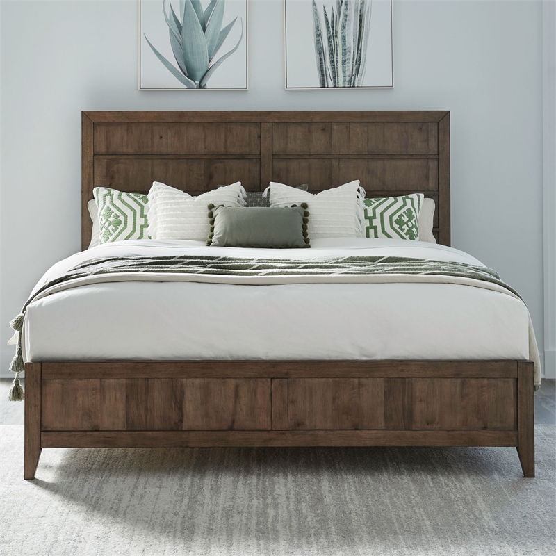 Pemberly Row California King Panel Bed with Picture Frame Molding in Brown