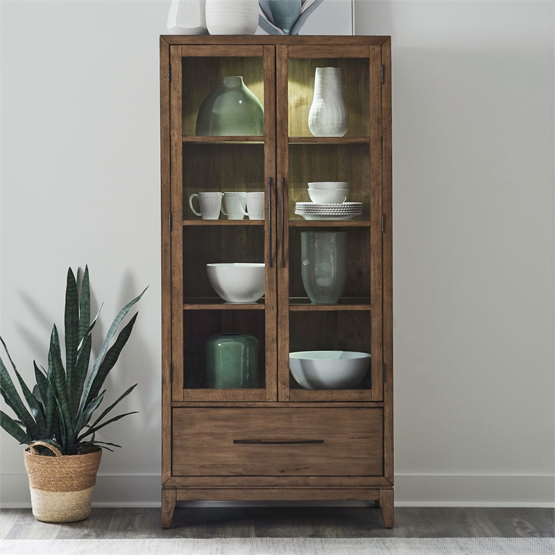 Pemberly Row Glass Door Bunching Display Cabinet with LED Lighting in Brown