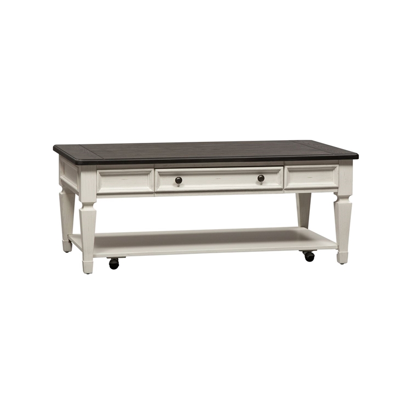 Pemberly Row Rectangular Cocktail Table with Drawer and Casters in White