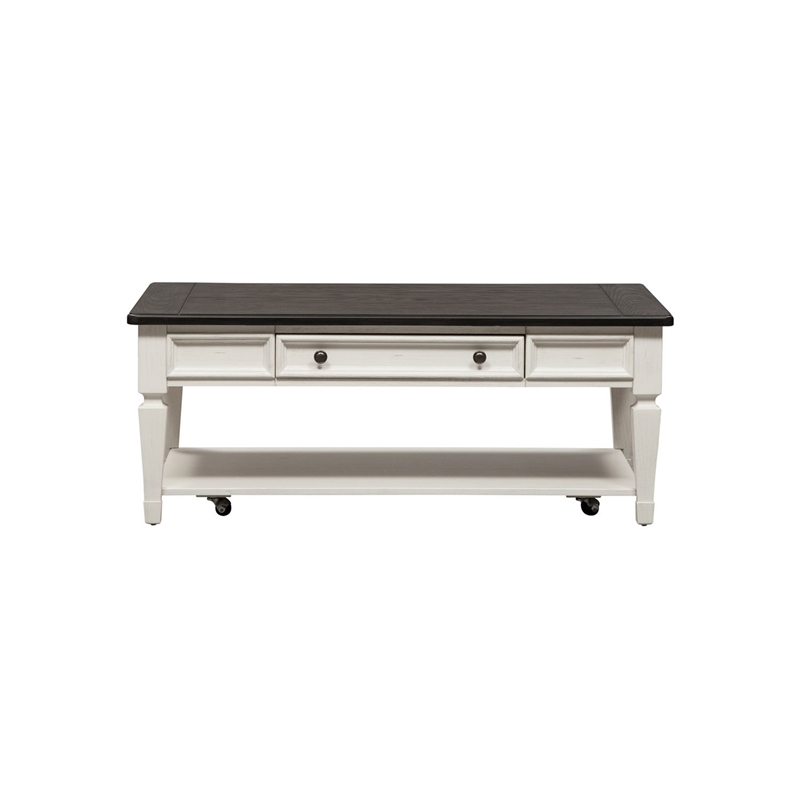 Pemberly Row Rectangular Cocktail Table with Drawer and Casters in White