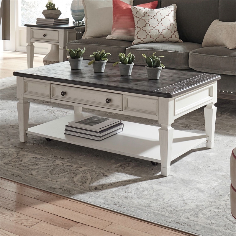 Pemberly Row Rectangular Cocktail Table with Drawer and Casters in White