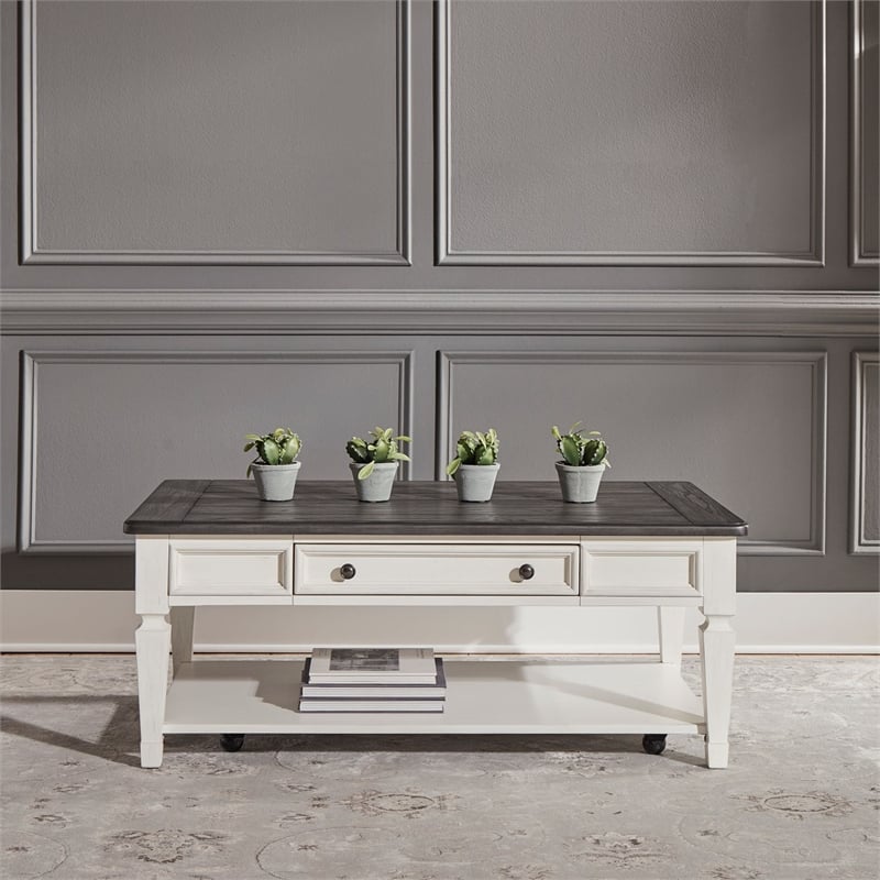 Pemberly Row Rectangular Cocktail Table with Drawer and Casters in White