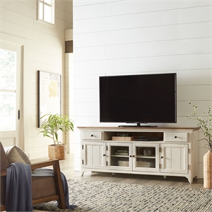 Pemberly Row 72 Inch TV Stand with Adjustable Shelving in Antique White Cottage
