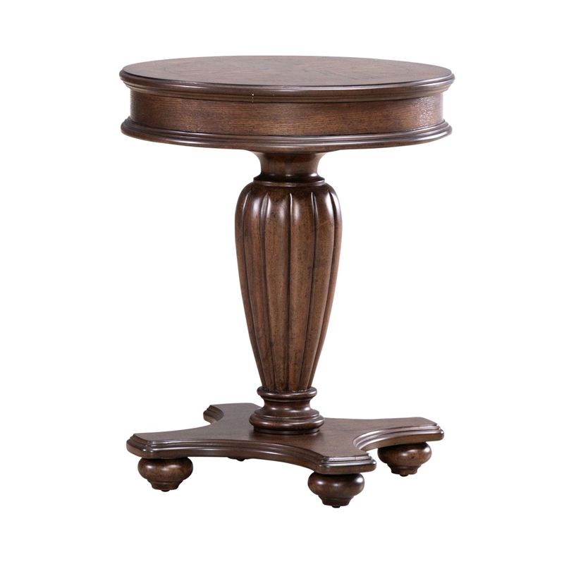 Pemberly Row Round End Table with Reeded Pedestal and Bun Feet in Brown