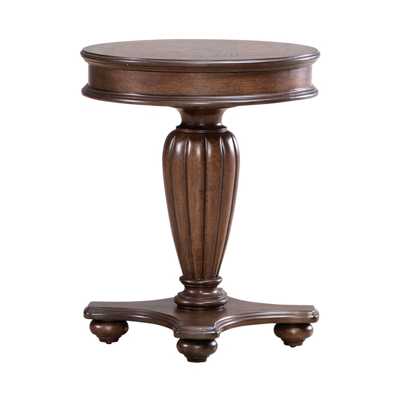 Pemberly Row Round End Table with Reeded Pedestal and Bun Feet in Brown