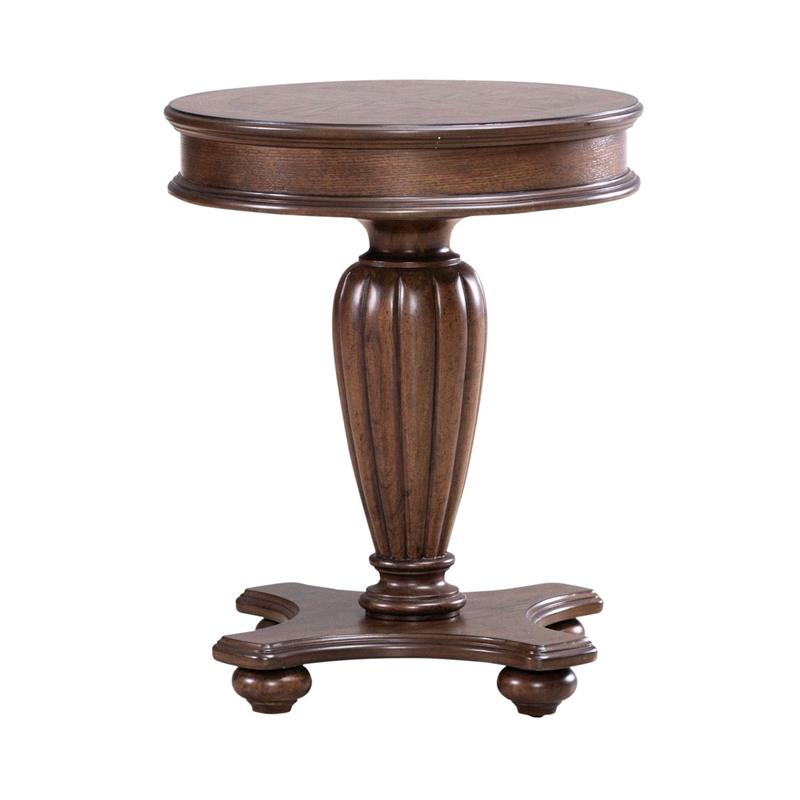 Pemberly Row Round End Table with Reeded Pedestal and Bun Feet in Brown