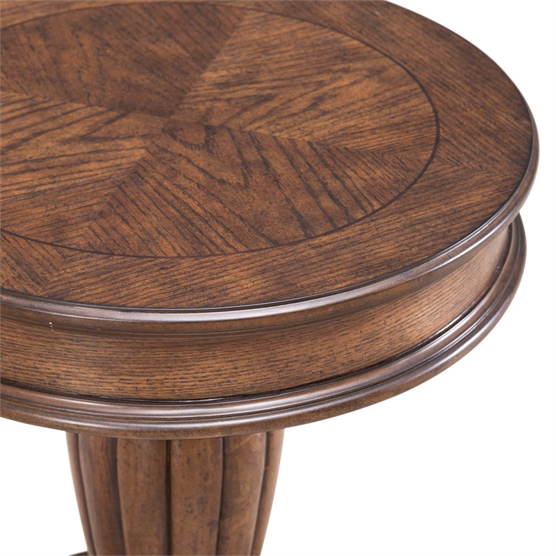 Pemberly Row Round End Table with Reeded Pedestal and Bun Feet in Brown