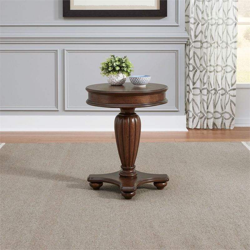 Pemberly Row Round End Table with Reeded Pedestal and Bun Feet in Brown