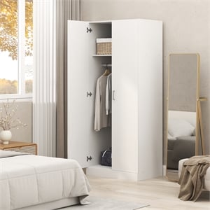 Pemberly Row Wardrobe Closet with Hanging Rod and Top Shelf in White