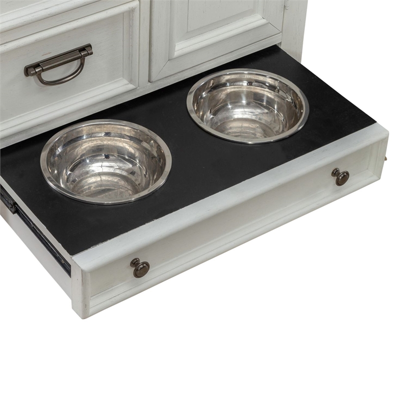 Pemberly Row Pet Feeder Cabinet with Feeding Tray and Storage in White
