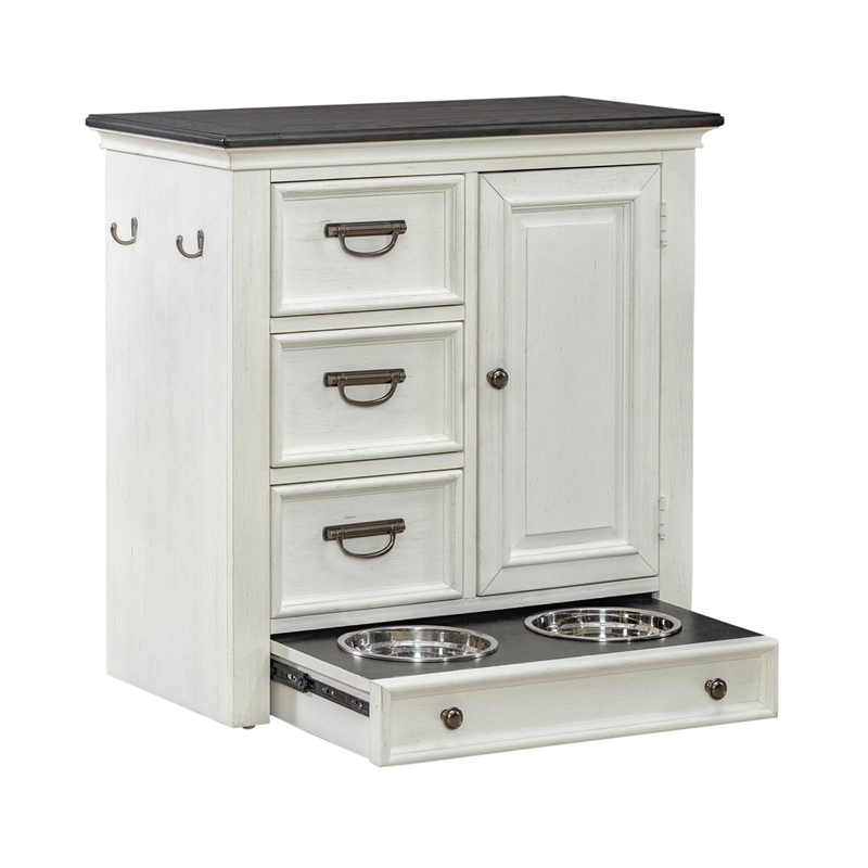 Pemberly Row Pet Feeder Cabinet with Feeding Tray and Storage in White