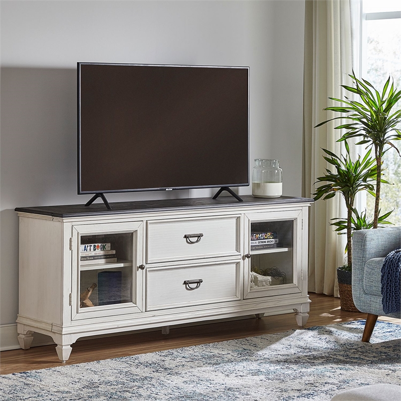 Pemberly Row 72 Inch Entertainment TV Stand with Glass Doors in White